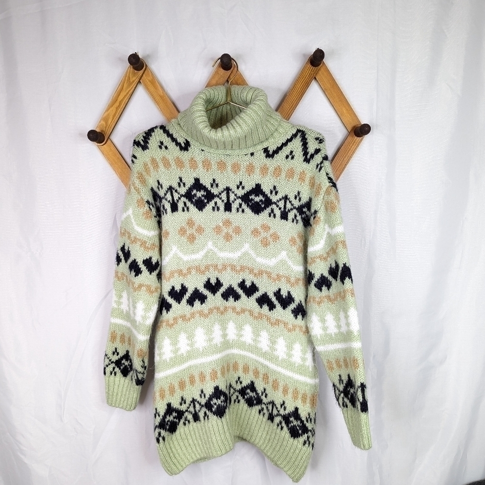 Anthropologie Fair Isle Chunky Knit Mint Green Tunic Turtleneck Sweater